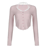 2025 Pure Style Women's Dress Ins Street Lace Spliced U-Shaped Hem Button Long-Sleeved Sweater Women's Autumn