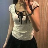 Broken Flower Printing Lace-Up Bubble Bubble Short-Sleeved Knitted T-Shirt Slim, Hanging Neck, Sweet Blouse