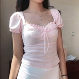 Summer Fresh Romantic Pure Color Square Collar Bubble Sleeve Girl T-Shirt Ins Trend Slim Casual Blouse New Style