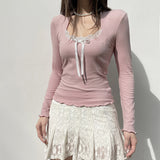 French Sweet Girl Lace Bow Stitched Pink Long-Sleeved T-Shirt 2025 New Slim U-Collar Blouse