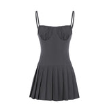 Sweet And Spicy Girl Chest Pleated One-Word Collar Small Sling Waist Show Thin Pleated Dress Pure Desire Girl Short Skirt