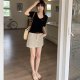 V-Neck Slim Short-Sleeved Sweater Women's Spring And Summer New Thin Medium-Sleeved T-Shirt Five-Cent Sleeve Blouse