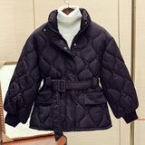 Chic Autumn And Winter French Gentle Standing Collar Wave Embossed Design With Waist Long Sleeve Padded Coat Female