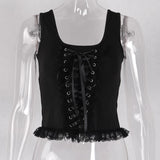 Znbbw Summer New Black Vest Ins Square Collar Knitted Lace Sleeveless Halter Top