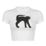 2024 Summer New Style Personality Trend Slim Style Black Cat Printed Short T-Shirt Women With Fried Hair