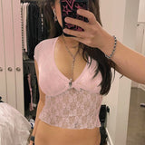 Fresh Girl Feeling Lace Bow Stitching Small Sexy V-Collar Perspective Color Slim Flying Sleeve T-Shirt 2024