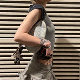 2025 Summer Hot Girls Hipster Street Retro Round Collar Shoulder Collision Wing Printed Short-Sleeved T-Shirt