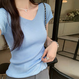 Pure Pink V-Collar Ice Silk Knitted Short-Sleeved T-Shirt Women's New Summer Design Thin Slim Bottomed Blouse