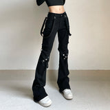 2024Ins Early Summer New Ribbon Design Metal Leg Ring Pocket Straight Tube Flared Trousers Denim Trousers Girls