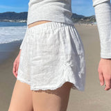 Holiday Style Buckle Solid Color Simple Woven Shorts Loose Waist Loose 100-Lap Spliced Lace Casual Trousers