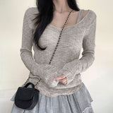 Pure Color Simple Pit Strip Slimming Retro Fashion Single Bare Shoulder Long Sleeved Two-Piece Blouse 2024 Spring / Summer New T-Shirt