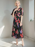 Znbbw V-Necked Print Chiffon Dress Shows Lean Lotus Leaf Edge Short-Sleeved Waist First Love Fairy Skirt