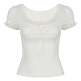 French Lace Collar, Bang Color Tie, Bow Tie, Slim, Thin Knitted Blouse, Bubble Short-Sleeved T-Shirt