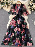 Znbbw V-Necked Print Chiffon Dress Shows Lean Lotus Leaf Edge Short-Sleeved Waist First Love Fairy Skirt