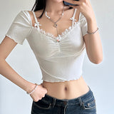 Sweet And Spicy Girls Hit Color Lace Square Necktie Bow Knot Stitching Girl's Pleated Knitted Short-Sleeved Blouse