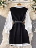 Znbbw Style Fragrant Style Suit Design Feeling Minority White Shirt Skirt Knitted Vest Skirt Folded And Waist Two-Piece Set