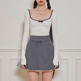 The Bowknot Splicing Colour Knitting Skinny Blouse Woman 2024 Sweet Spice Girl French Ballet Style Slim Hollow T-Shirt
