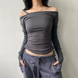 Spicy Girl Style Solid Color Collar Shoulder Rope Slim Long-Sleeved Functional T-Shirt 2024 Spring New Style