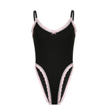 Sweet And Cool Spicy Girls Little Lace Lace Splicing V-Collar Slim Black Sling Jumpsuit 2024 New Style In Early Spring