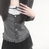Girl Wind Holiday Two Wave Point Square Collar Spliced Button Blouse Girl 2024 Collision Color Small Bow Knot Wooden Ear T-Shirt