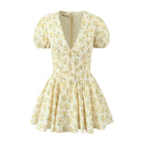 Znbbw New Yellow Flower V-Neck Short-Sleeved Mini Dress