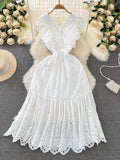 Znbbw Temperament Flying Sleeve V Collar Waist Shows Thin A Word Big Pendulum Hollowed-Out Dress Seaside Holiday Long Skirt