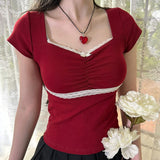 Retro Sweet And Spicy Wind, Bow Tie, Lace, Lace, Short-Sleeved T-Shirt, Summer Square Collar, Slim Blouse
