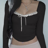 Pure Desire Atmosphere Tie-Up Small Sexy Square Collar Low-Cut Slim Pink Long-Sleeved T-Shirt 2024 Spring / Summer New Style