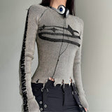 Make A 2025 New Spicy Girl's Casual T-Shirt With An Old Color, Tattered, Patchwork, Round Neck, Slim Woolen Blouse.