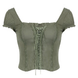 2024Ins Early Summer New Square Collar Slim To Show Thin Split Line Fashion Tie Vintage Short-Sleeved T-Shirt Woman