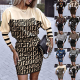 Znbbw Independent Station Autumn New Fashion Printed Waist Round Collar Long-Sleeved Dress