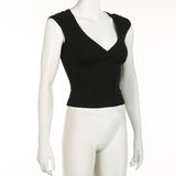 Spicy Girl Style Simple Solid Color Basic Sexy Low-Cut V-Neck Slim Flying Sleeve T-Shirt 2024 Spring / Summer New Style