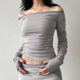Spicy Girl Style Solid Color Collar Shoulder Rope Slim Long-Sleeved Functional T-Shirt 2024 Spring New Style
