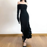 Waste Soil Style Shoulder Lotus Leaf Edge Forked Skirt 2025 Pure Wind Hot Girl Sexy Tight Fashion Dress Girl
