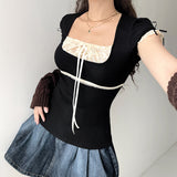 Street Fashion Winter Ebay Color Splicing Lace Square Tie Fresh And Sweet Blouse Girl