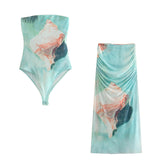 Znbbw Summer Printed Silk Mesh Jumpsuit Printed Silk Mesh Half Skirt Suit
