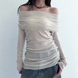 French-Style Shoulder Gentle Knitted Blouse Woman 2025 Early Autumn Solid Color Slim Showing Thin Shoulder Hot Girl Long-Sleeved T-Shirt