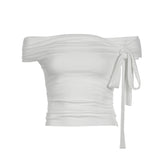 The Word Solid Color Irregular Bandage And Knot On The Shoulder Is Sexy In Summer, Wrinkled And Skinny T-Shirt.