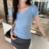 Pure Pink V-Collar Ice Silk Knitted Short-Sleeved T-Shirt Women's New Summer Design Thin Slim Bottomed Blouse