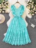 Znbbw Temperament Flying Sleeve V Collar Waist Shows Thin A Word Big Pendulum Hollowed-Out Dress Seaside Holiday Long Skirt
