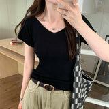 Pure Pink V-Collar Ice Silk Knitted Short-Sleeved T-Shirt Women's New Summer Design Thin Slim Bottomed Blouse