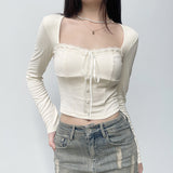 Sweet And Spicy Girl Neckline Lace-Up Long-Sleeved Blouse Women 2025 Pure Style Stylish Design Short Shoulder-Bottomed T-Shirt