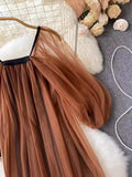 Znbbw Lantern Sleeve Style Square Collar Net Dress Femininity Tea Break Skirt Warm And Long Fairy Skirt