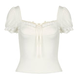Summer Fresh Romantic Pure Color Square Collar Bubble Sleeve Girl T-Shirt Ins Trend Slim Casual Blouse New Style