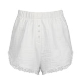 Holiday Style Buckle Solid Color Simple Woven Shorts Loose Waist Loose 100-Lap Spliced Lace Casual Trousers