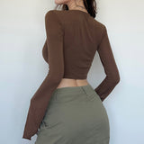 2025 Autumn / Winter Women's Wear Ins Trend Brand Online Celebrity Hot Girl Hanging Neck Fishbone Square Collar Sexy Navel Revealing Thin T-Shirt Woman