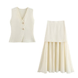 Znbbw New Gold Button Knitted Vest Small Pleated Spliced Skirt Suit