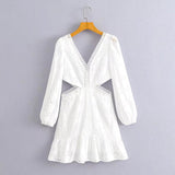 Znbbw And Winter New V-Collar Lace Waist Open Dress Embroidered Hollowed-Out Sexy Skirt