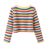 Znbbw Rainbow Striped Round Neck Knitted Cardigan Short Sweater In Summer