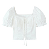 Znbbw New French Vintage Design Pleated Square Collar Bubble Sleeve Shirt